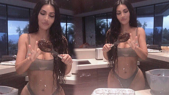 Kim Kardashian, iç çamaşırıyla kek yaptı