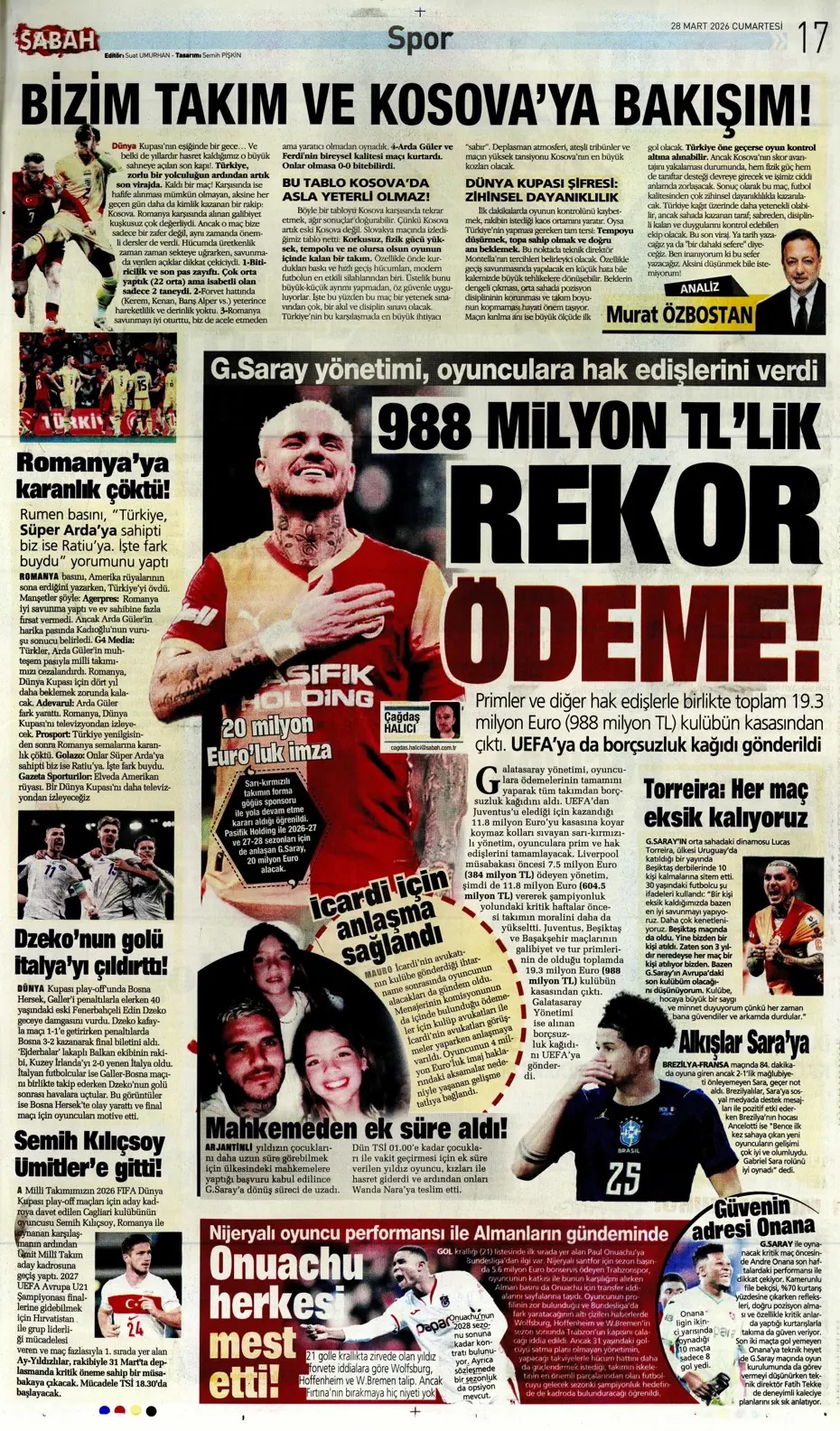 988 milyon TL'lik rekor ödeme! Spor basını bugün ne yazdı? (28 Mart) - 1. fotoğraf