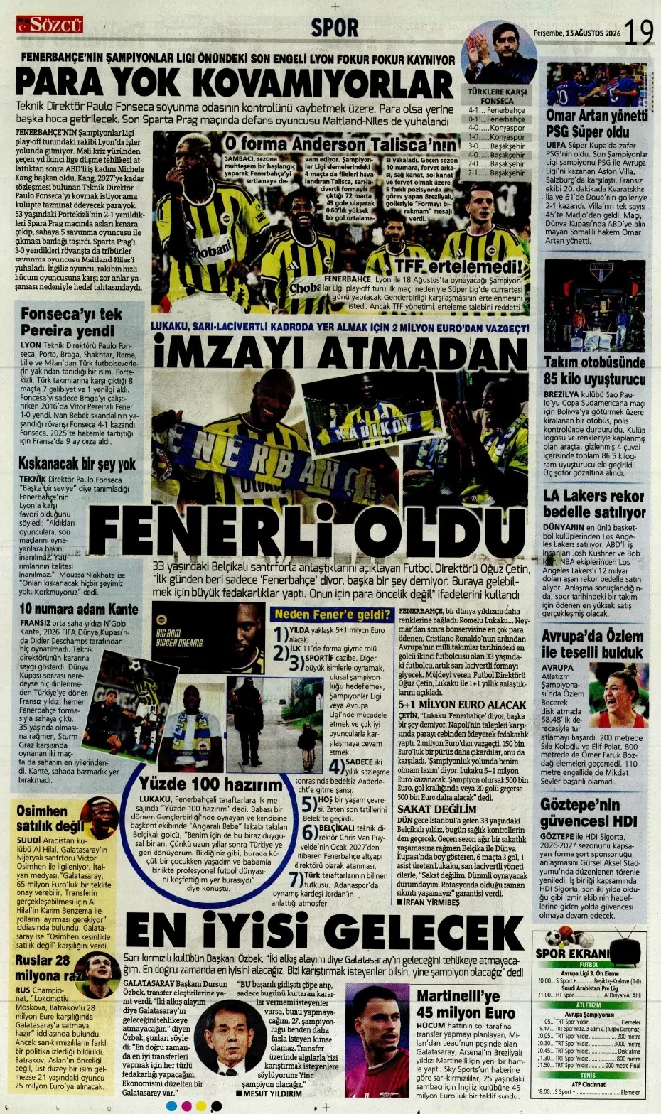 Lukaku Fenerbahçe için cepten ödedi! Spor basını bugün ne yazdı? (13 Ağustos) - 3. fotoğraf