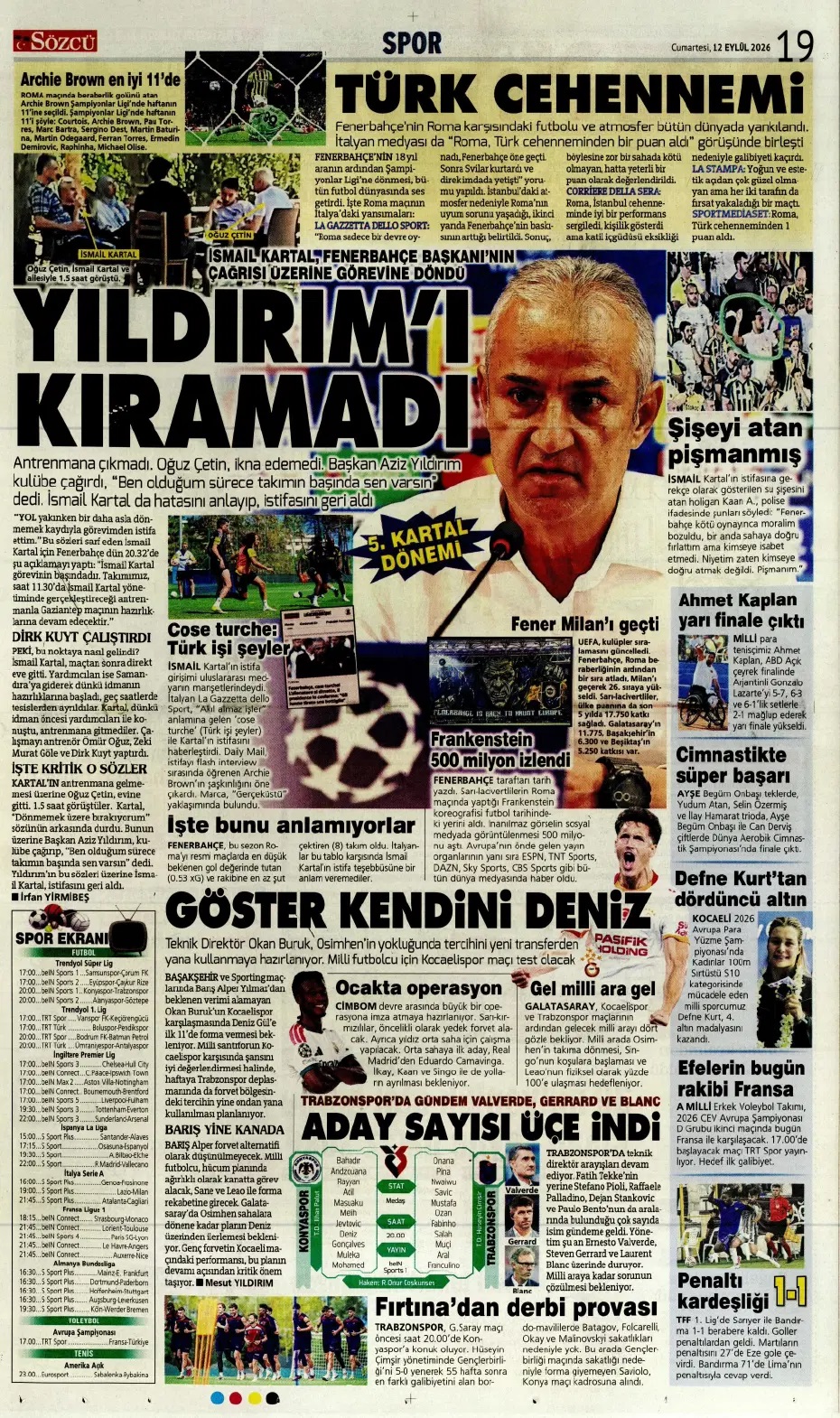 İsmail Kartal'ın başarı şansı yüzde 10! Spor basını bugün ne yazdı? (12 Eylül) - 2. fotoğraf
