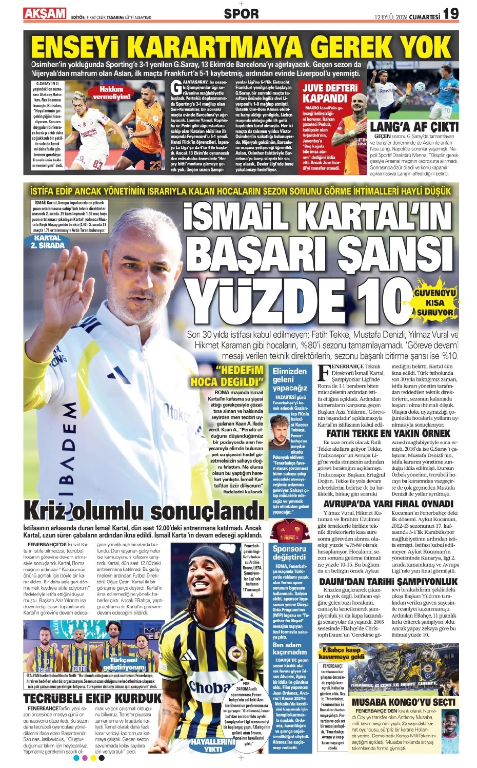 İsmail Kartal'ın başarı şansı yüzde 10! Spor basını bugün ne yazdı? (12 Eylül) - 1. fotoğraf