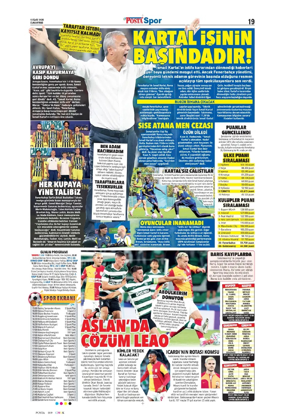 İsmail Kartal'ın başarı şansı yüzde 10! Spor basını bugün ne yazdı? (12 Eylül) - 6. fotoğraf