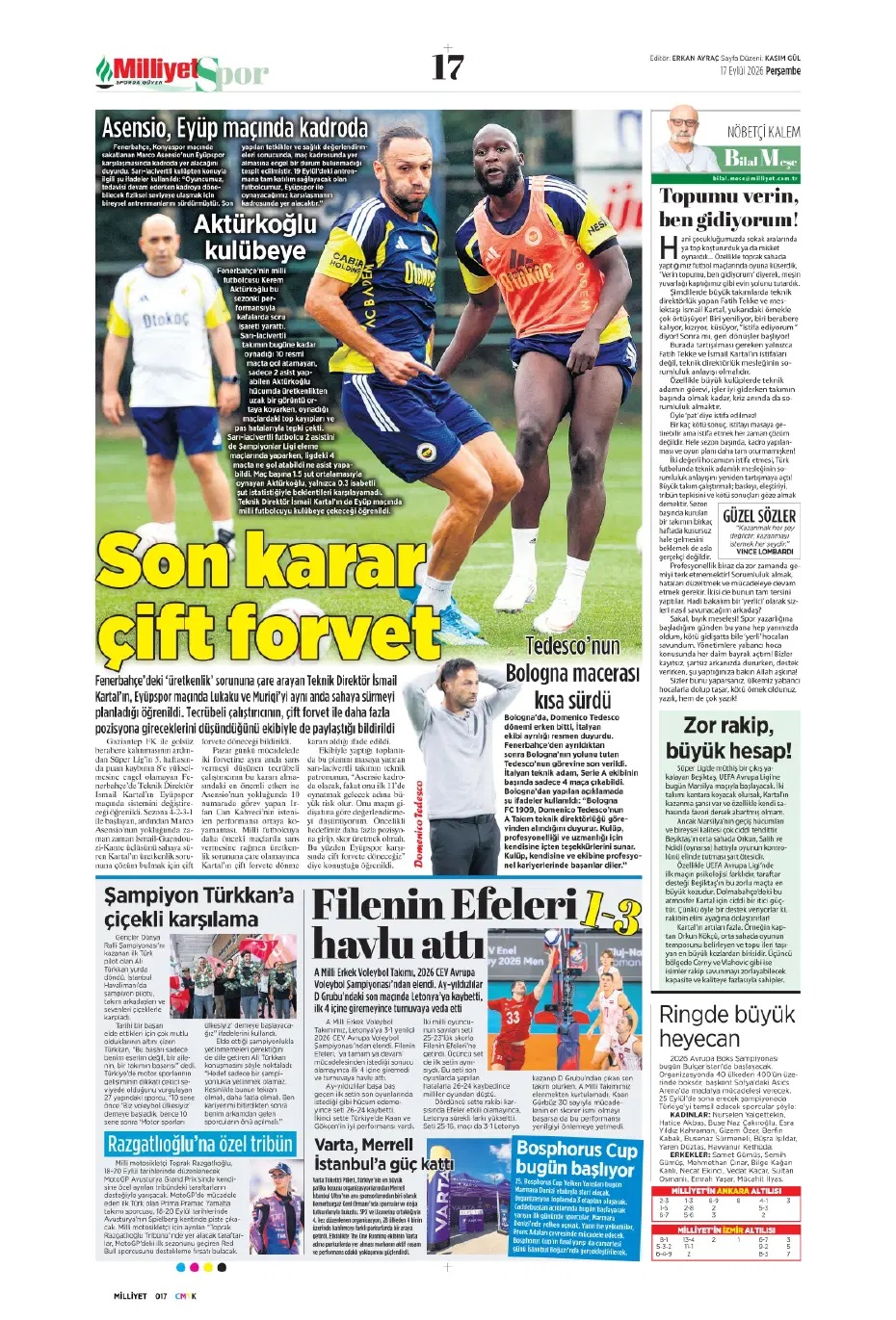 Ertuğrul Doğan: Şampiyon olunacak kadro! Spor basını bugün ne yazdı? (17 Eylül) - 5. fotoğraf