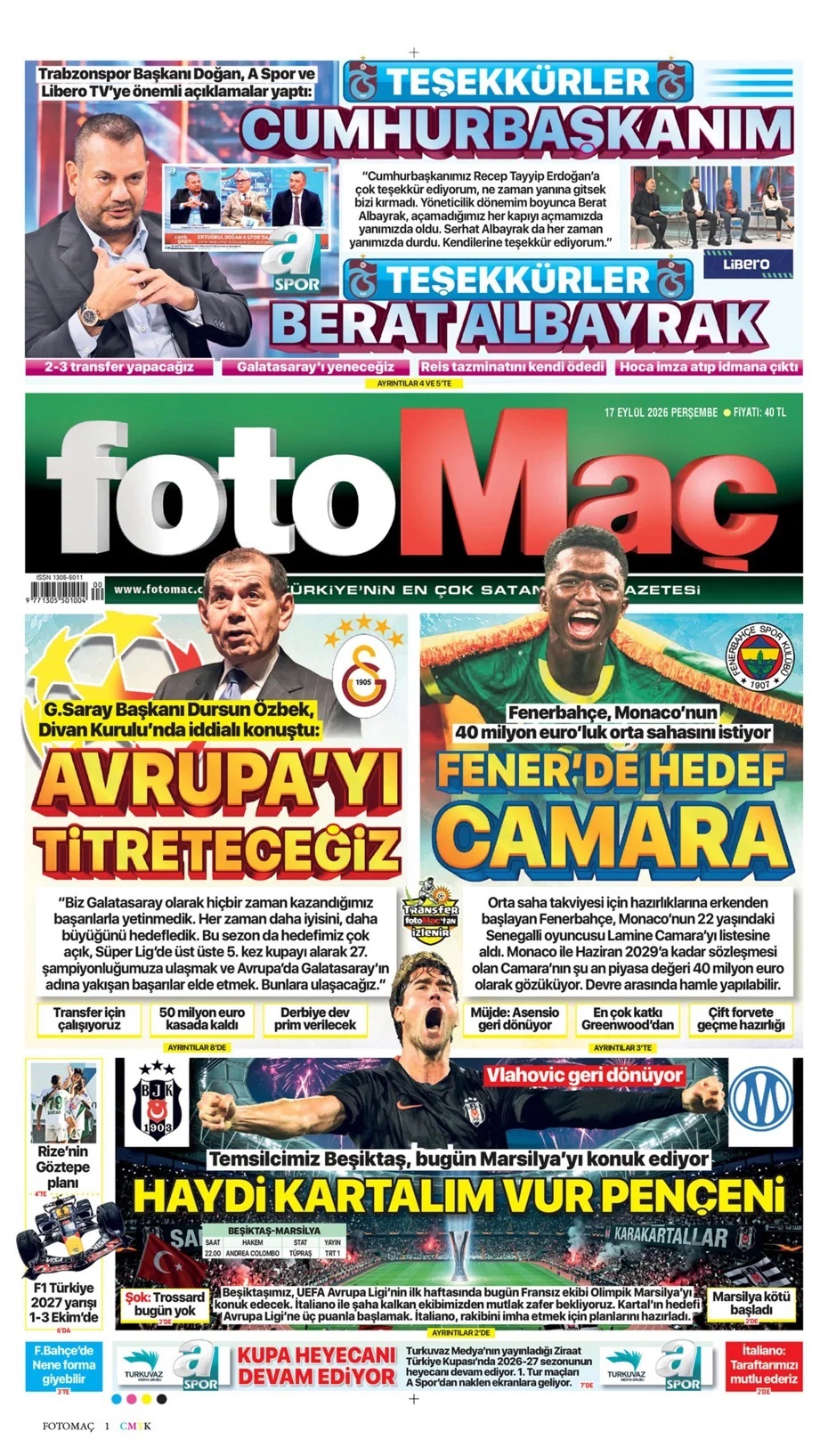 Ertuğrul Doğan: Şampiyon olunacak kadro! Spor basını bugün ne yazdı? (17 Eylül) - 1. fotoğraf