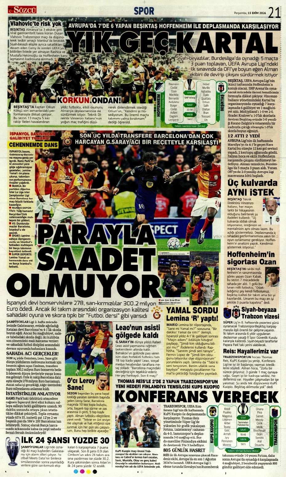 Fener'in utancı! Spor basını bugün ne yazdı? (15 Ekim) - 1. fotoğraf