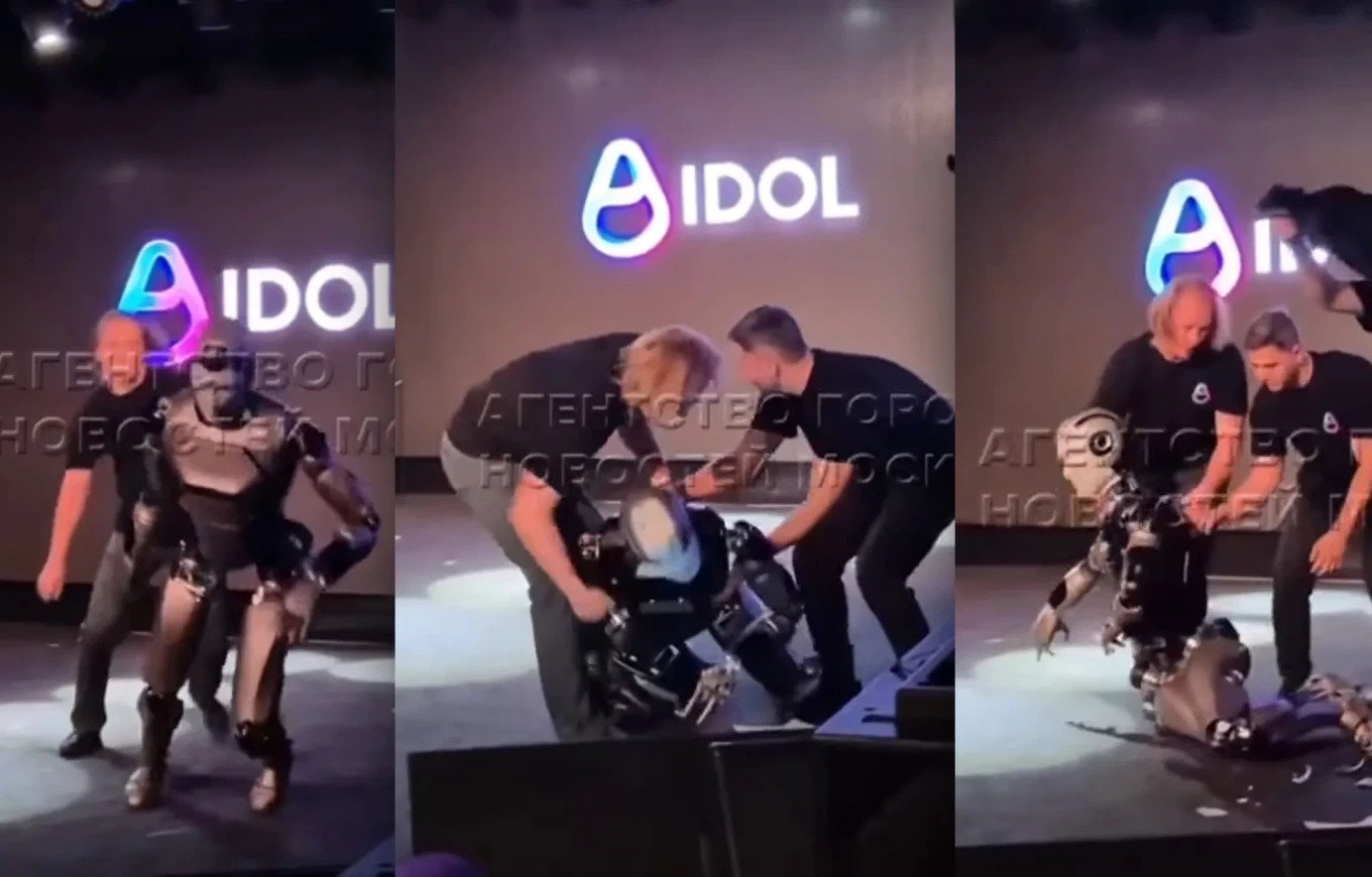 Rusya da tanıtılan robot saniyeler içinde düşüp parçalandı