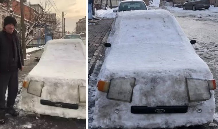 Oğluyla birlikte kardan otomobil yaptı