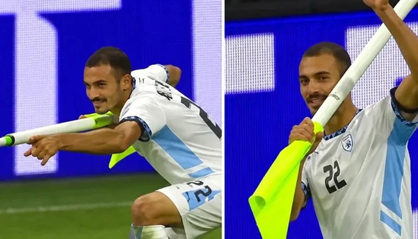 Gol sevinci olay oldu! Korner direğini silah gibi kullanıp sahayı taradı