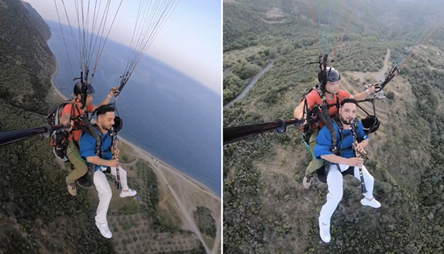 Paraşütte klarnet çaldı